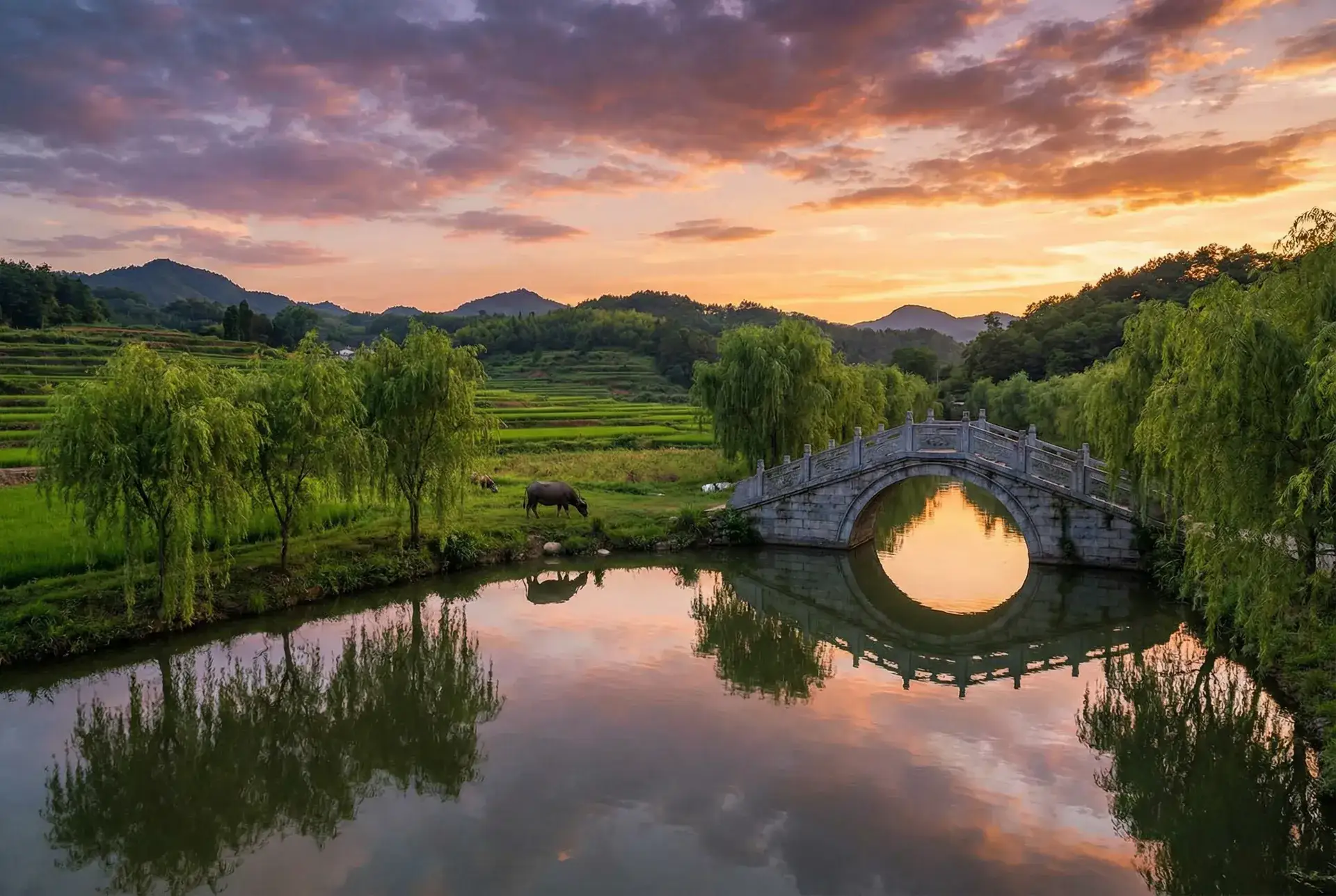 夕阳下的石拱桥与垂柳，水牛在河边吃草 - 一品阁 论坛 乡村美景